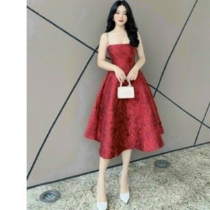 Đầm thời thượng Đi Tiệc đi Cưới Hai Dây Sang Chảnh - Chất Gấm Nổi Sang Dáng Xòe Dài