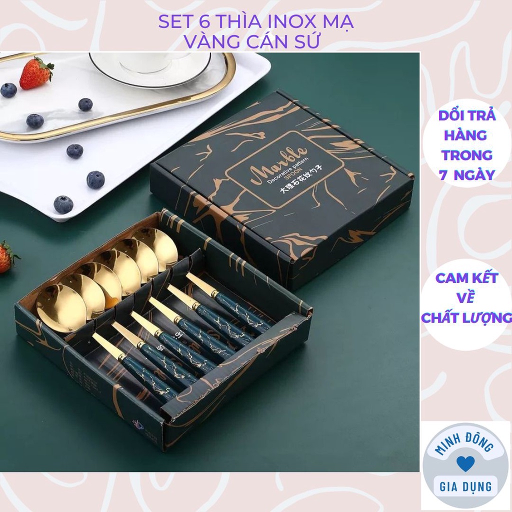 Set 6 thìa inox mạ vàng cán sứ màu xanh ngọc vân đá cao cấp kèm hộp sang trọng