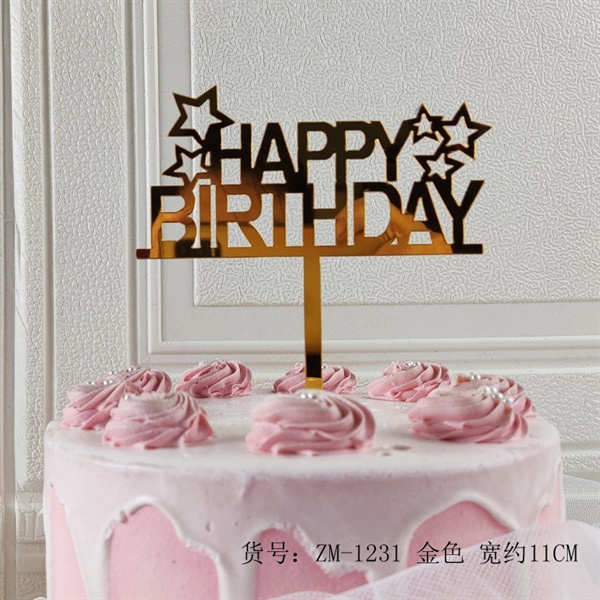 Topper mica HPBD chữ in vàng + 5 sao vàng