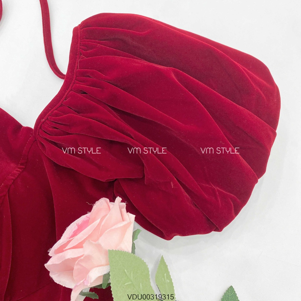 Đầm nhung VM Shop dạng tay phồng cột dây cổ mặc chơi Tết 5096 VDU00319