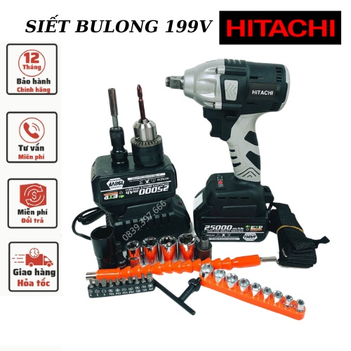 Máy Siết Bulong Hitachi 198VF 2 PIN Đầu 2 Trong 1, Máy Bắn Bulong Không Chổi Than Khoan Tường Bắn Vít Mở Ốc Xe