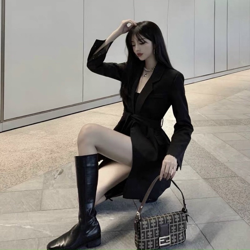 Áo khoác vest nữ dáng dài cột eo chất tuyết mưa