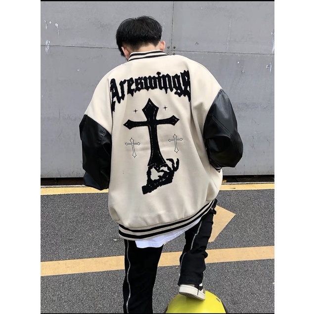Áo Bomber, Áo Khoác Nỉ Dạ Tay Da Thêu Hình Thập Giá Sau Lưng