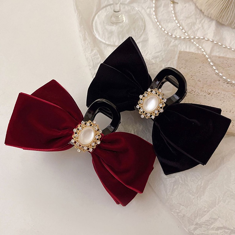 Kẹp tóc nơ HAIMEIKANG vải nhung đính ngọc trai giả phong cách Hàn Quốc mới cho nữ