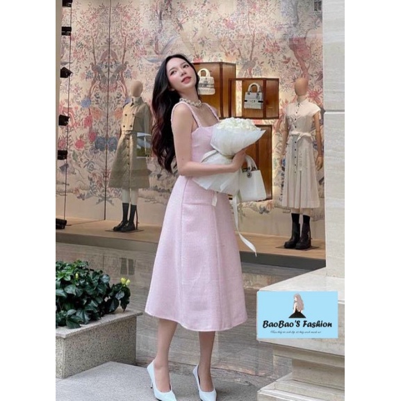 Đầm dạ hai dây dáng dài nữ tính màu trắng và hồng