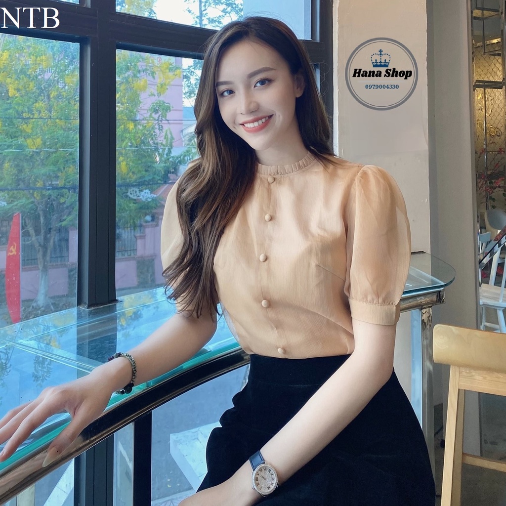 Áo sơ mi da tay phồng cổ xếp ly (NTB)