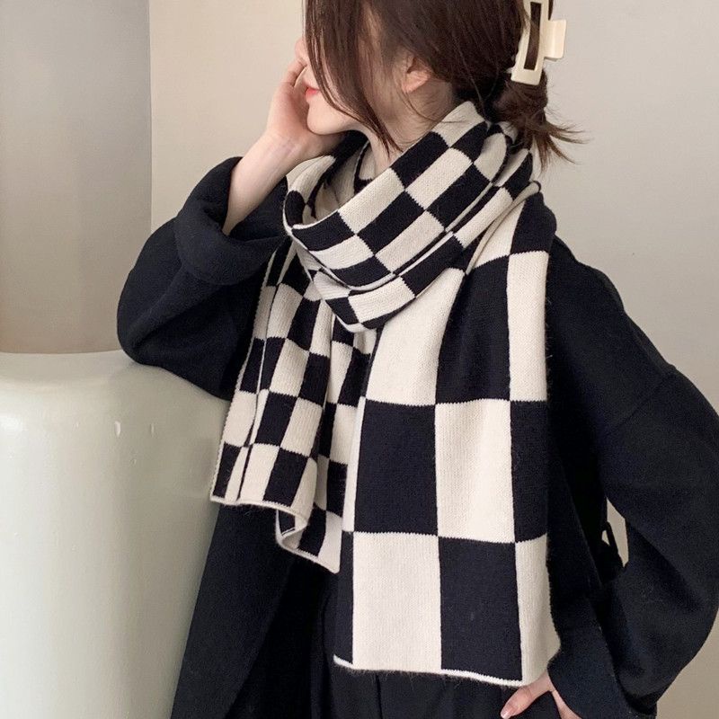 Khăn Choàng Cổ Dệt Kim Dày Dặn Ấm Áp Kẻ Sọc Kiểu Hàn Quốc Thời Trang Thu Đông Cho Nữ