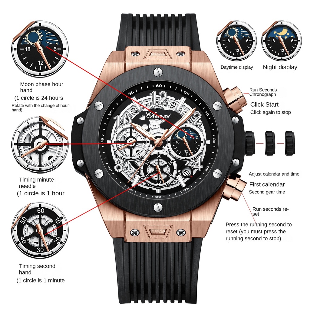 Đồng Hồ Quartz Nam Hiển Thị Chronograph Mặt Trăng