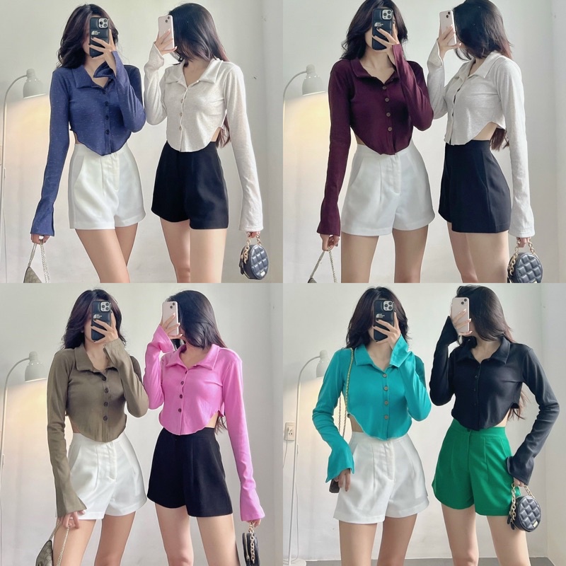Áo Croptop Polo Nút Tà Bầu Cổ Bẻ Basic Siêu Xinh