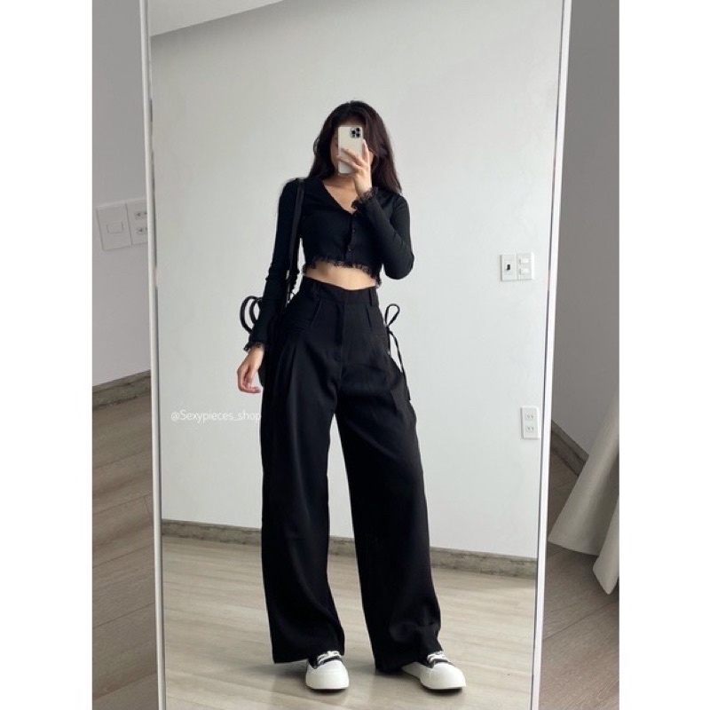 Quần Dài Ống Rộng Nữ dây rút túi KAKAO màu ĐEN/XÁM vải kaki lụa mềm Lưng Thun Phong Cách Ulzang - July7storee