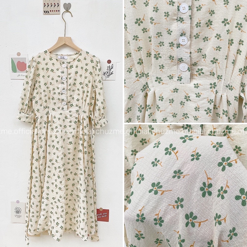 Váy babydoll nữ cỏ may mắn cúc ngực, Đầm xoè hoa cỏ tay bồng cực xinh