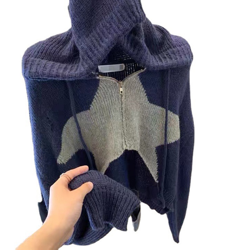 Áo Khoác cardigan Có Nón Họa Tiết Ngôi Sao Màu Sắc Tương Phản Thời Trang Cho Nữ