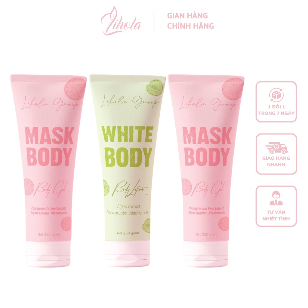 Combo 2 Mask Body + 1 Kem Dưỡng Ẩm White Body Lihola Cung Cấp Nước Đầy Đủ Giúp Da Trắng Căng Mịn 250g/Tuýp