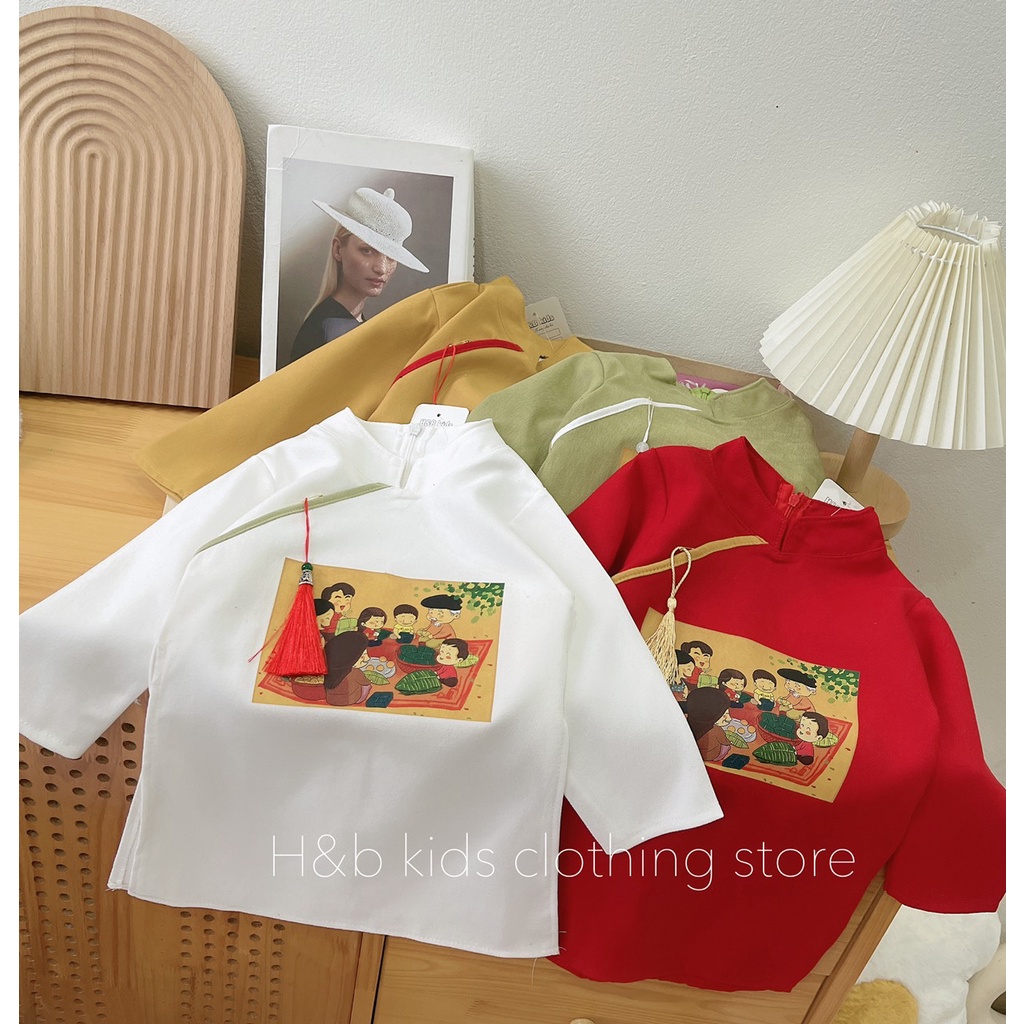 Áo dài cách tân chất nhung lì mềm 4 màu in hình Tết cực đẹp cho bé Namkidshop