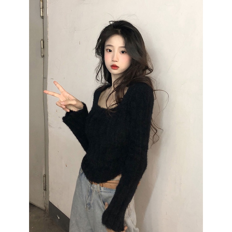Áo Sweater Nhung Dệt Kim Tay Dài Cổ Vuông Thời Trang Mùa Thu Cho Nữ