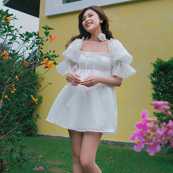 Đầm xoè babydoll Shebyshj tay phồng màu trắng - Jasper Dress