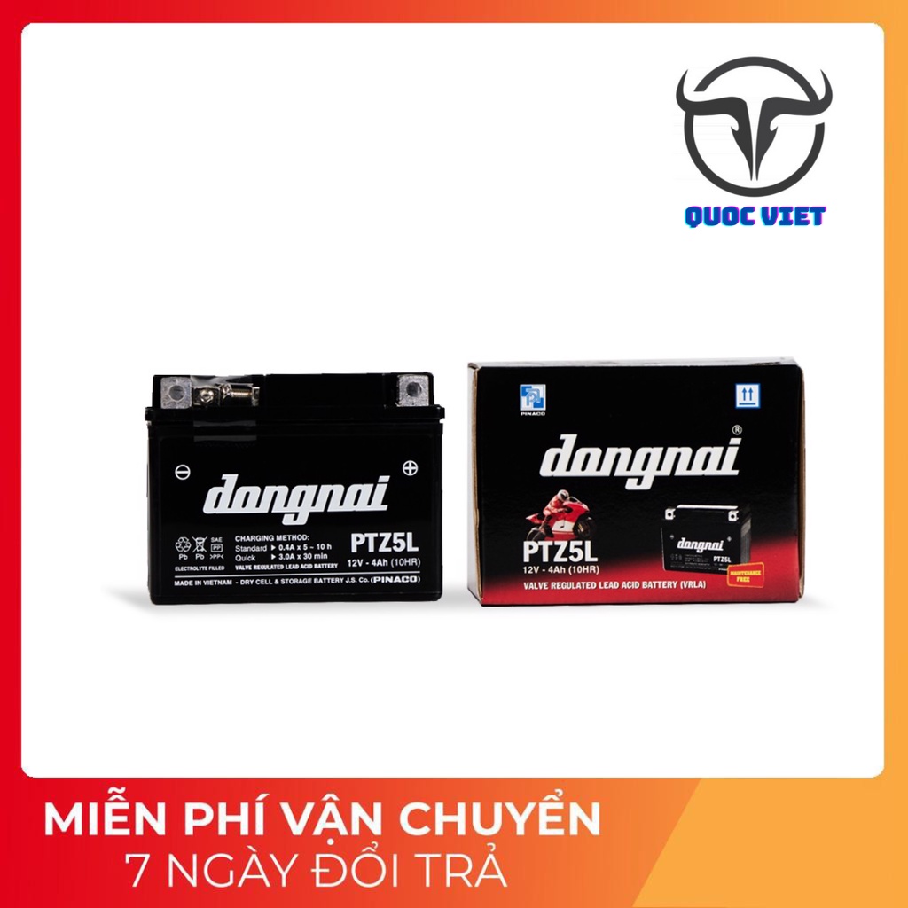 Bình ắc quy khô ĐỒNG NAI PTZ5L 12V-4Ah (PINACO) cho xe máy WAVE RS100, RS110, AIR BLADE 110, EXCITER 135 / 150...