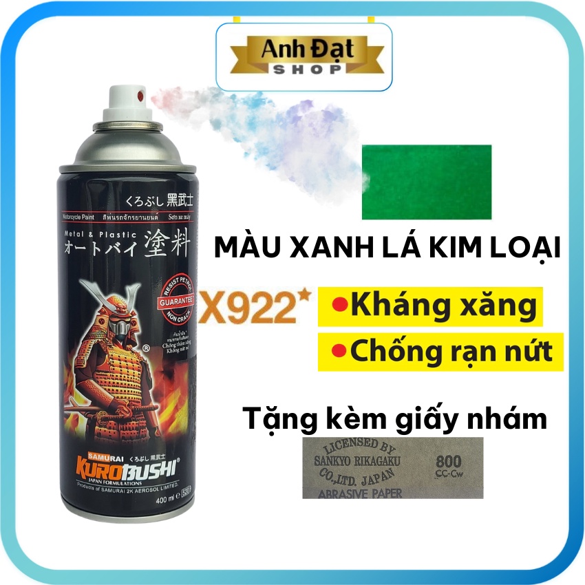 Sơn xịt samurai màu xanh lá kim loại X922*, dung tích 400ml, có khả năng kháng xăng (A92, A95), chống rạn nứt, bình xịt