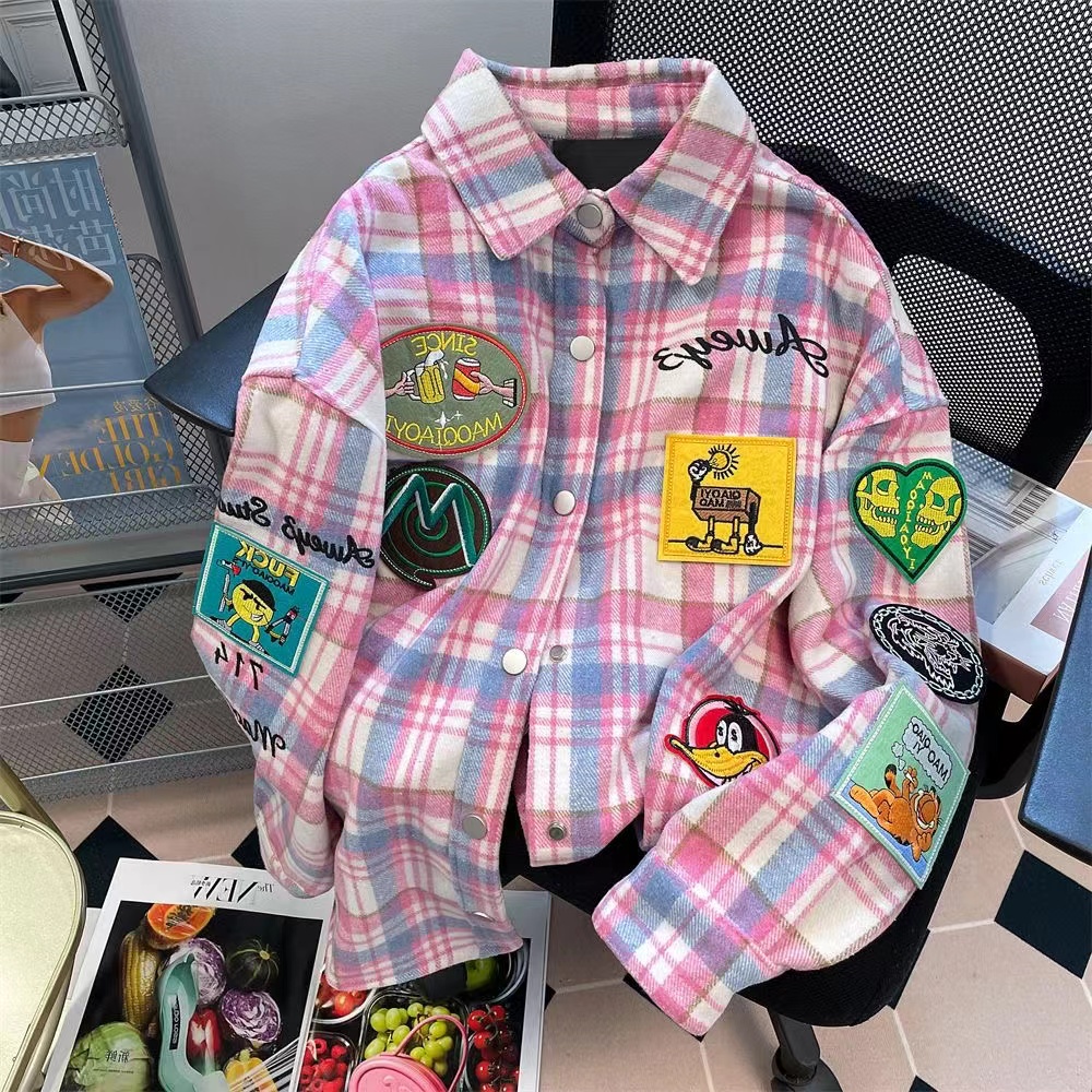 Áo Sweater Dày Tay Dài Kẻ Sọc Caro Thêu Họa Tiết Đường Phố Retro Đường Phố Mỹ < Mặc Kèm Bộ Sưu Tập Đường Phố Cho Nam