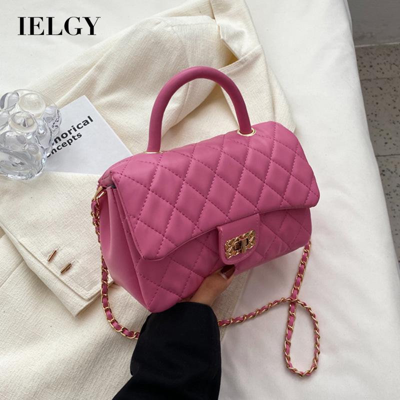 IELGY Túi Đeo Chéo Bằng Da Mềm Màu Đen Họa Tiết Hình Thoi Thời Trang Cho Nữ