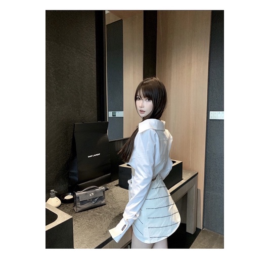 SET ÁO SƠ MI CROPTOP CHÂN VÁY CHỮ A ĐÍNH KIM LOẠI