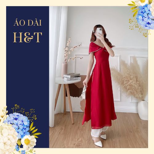 Áo dài cách tân nữ đính kết điệu đà màu đỏ đô - A02