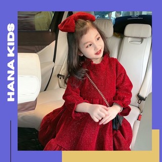 Váy nhung dài tay lót nhung kim tuyến kèm nơ