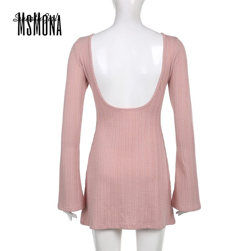 Đầm Mini Tay Dài Cổ Thuyền Hở Lưng Màu Trơn Thời Trang 2022 Quyến Rũ Cho Nữ