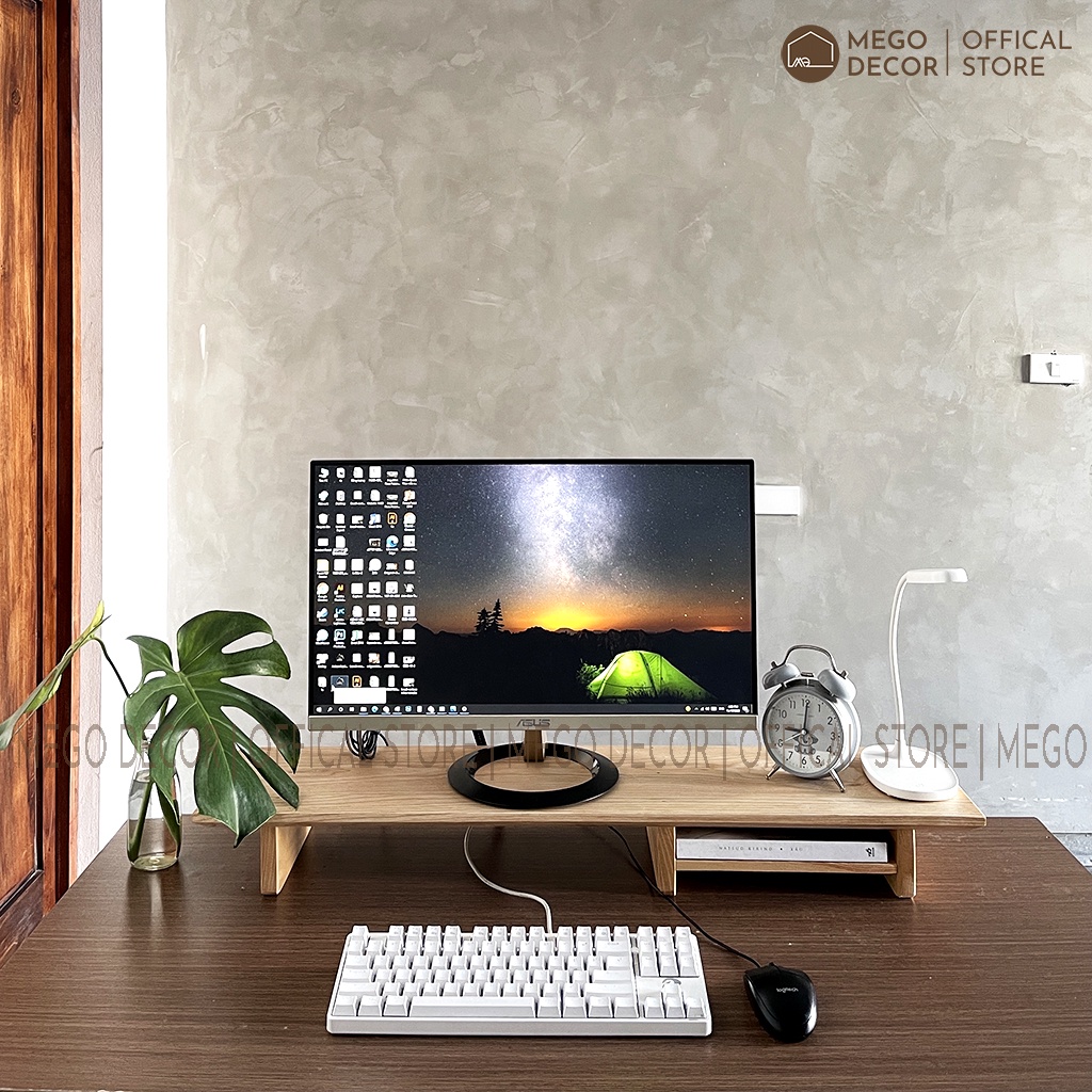 Kệ để màn hình máy tính giá gỗ sồi để laptop decor bàn làm việc cao cấp