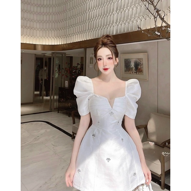 Đầm váy tafta nhũ đính nơ xoè tay phồng/bồng cúp ngực thời trang hot girl thiết kế tiểu thư sang trọng công chúa dự tiệc