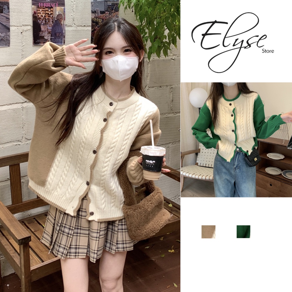 Áo khoác len cardigan nữ cổ tròn dài tay phối 2 màu trẻ trung kiểu Hàn Quốc chất đẹp Quảng Châu C-6