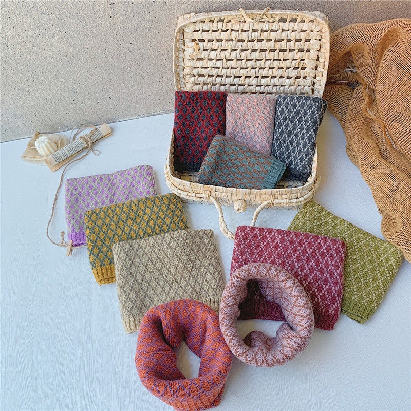 Khăn Choàng Cổ Đan Len Sọc Ca Rô Phong Cách Hàn Quốc Thời Trang Thu Đông Xinh Xắn Dành Cho Trẻ