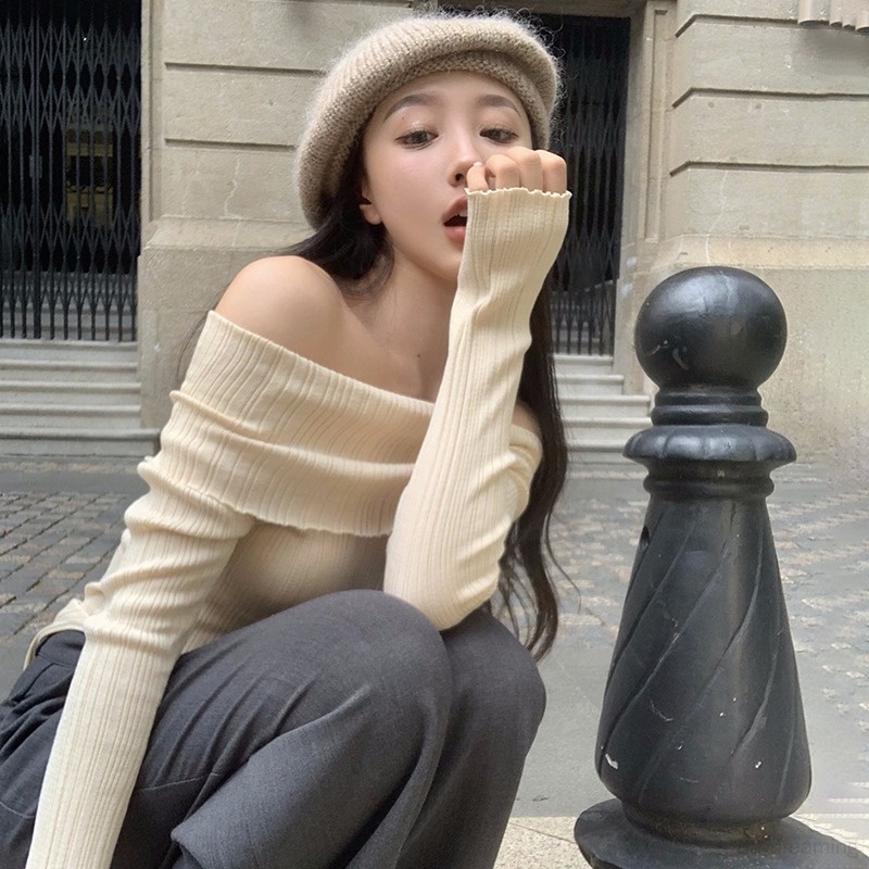 Áo Thun Dệt Kim Trễ Vai Xẻ Tà Dáng Ôm Thời Trang Cho Nữ