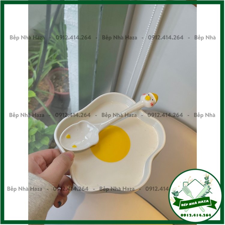 SẴN ❤️ HOẢ TỐC Bộ đĩa thìa hình trứng rán bằng gốm sứ trang trí nhà cửa [Bếp nhà Haza]