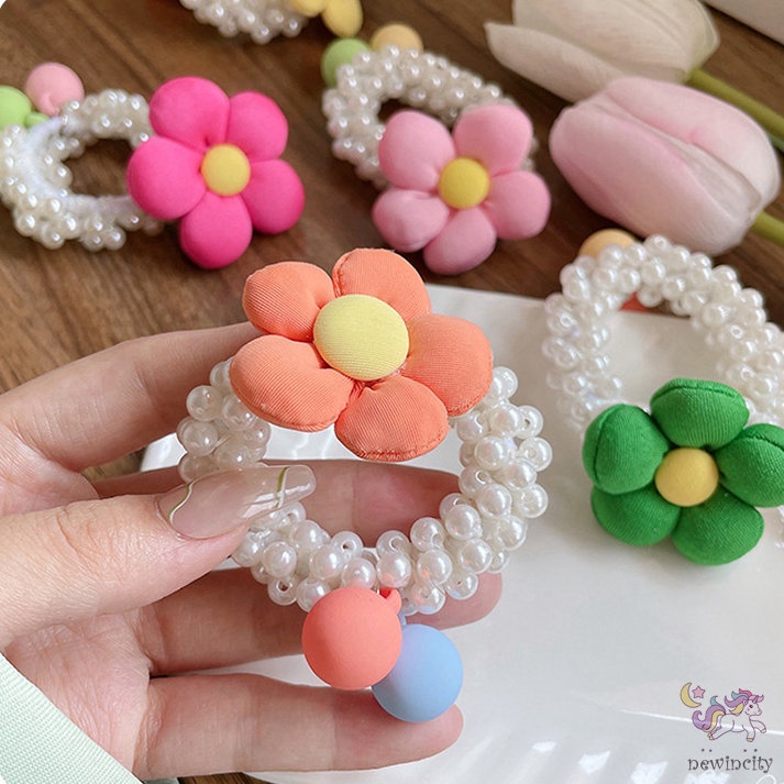 Dây Cột Tóc Cao Su Đính Hoa Và Ngọc Trai Phong Cách Hàn Quốc Cho Bé Gái