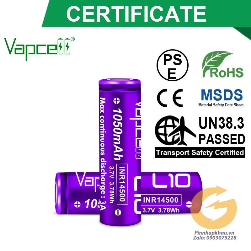 Pin Sạc 14500 Vappcell L10 xã 3A 1050mah mới 100% dùng cho quạt, tông chấn, robot, đèn pin