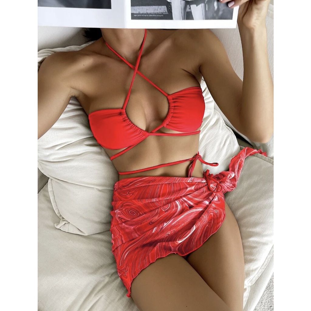 Bộ Đồ Bơi Bikini Ba Mảnh Dạng Váy Ngắn Phối Lưới Dây Rút Thời Trang Dành Cho Nữ