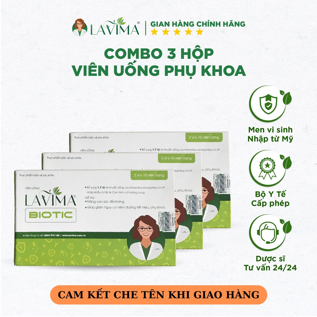 Combo 3 Hộp Viên Uống Phụ Khoa, Men Vi Sinh Vùng Kín LAVIMA BIOTIC 20 Viên