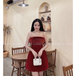 Đầm nhung 2 dây bản lông ngực ôm body 2 màu đỏ đen mùa xuân về cực hot