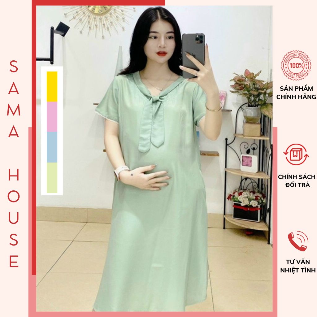 Đầm bầu xinh chất liệu Lụa min thoáng mát 5 màu Hot kết hợp nơ siêu xinh