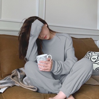 Bộ ngủ nữ cotton tổ ong cao cấp, set bộ đồ mặc nhà thu đông len tổ ong mỏng dáng rộng bo gấu phong cách thể thao mã B03
