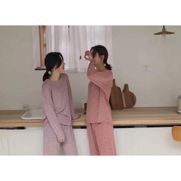Bộ Mặc Nhà Thu Đông Co Giãn Mền MạiFREESHIPBộ Đồ Ngủ Dáng Dài Cotton Muối Tiêu Hàng Quảng Châu