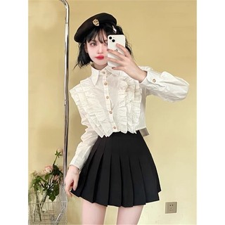 Áo sơ mi cổ bèo dáng lửng - ảnh thật