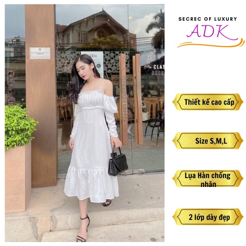 Đầm thiết kế cao cấp đầm trắng trễ vai dáng dài sang chảnh lụa mềm mịn