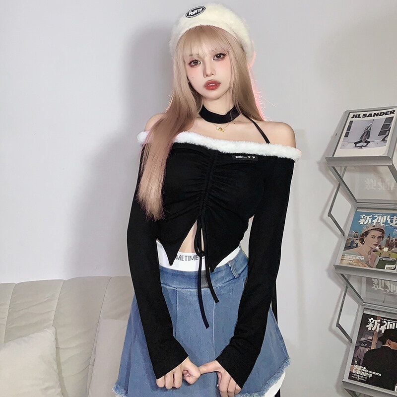 Weird Puss Áo Croptop Trễ Vai Tay Dài Phối Lông Thời Trang Quyến Rũ Cho Nữ
