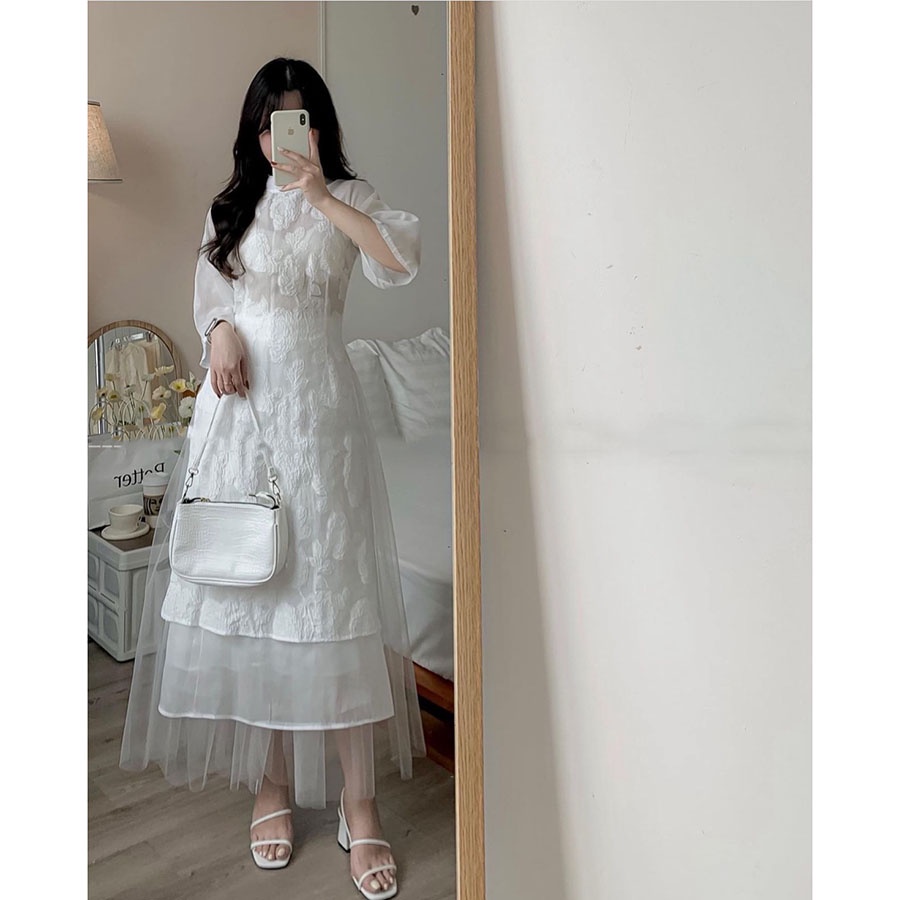 Set Áo Dài Thiết Kế Cách Tân Vải Ren Họa Tiết Hoa Cao Cấp M213 - Lolla Fashion