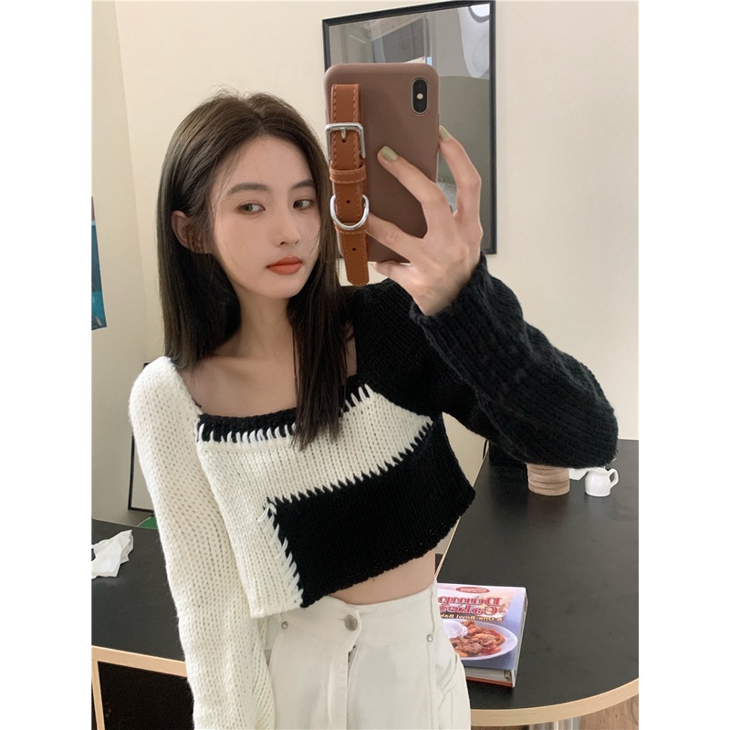 Áo croptop ZHELIHANGFEI dệt kim tay dài cổ vuông eo cao thiết kế quyến rũ cho nữ