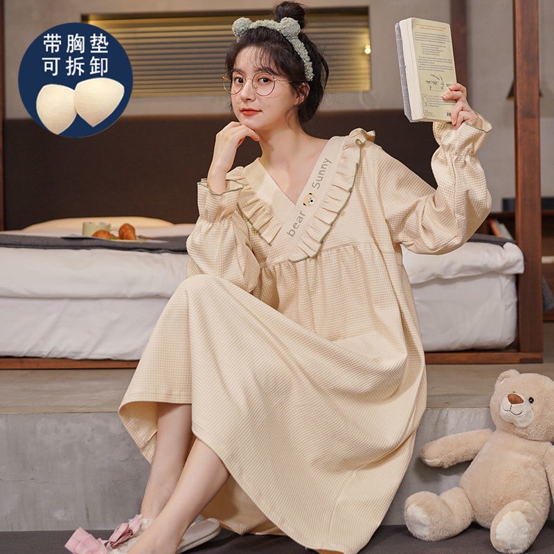 Đầm Ngủ Dài Qua Gối Tay Dài Có Mút Đệm Ngực Chất Liệu Cotton Thời Trang Xuân Thu Cho Mẹ Bầu