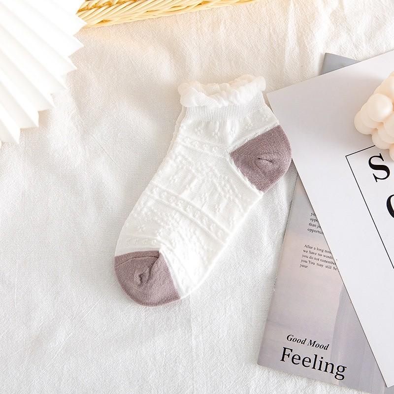 PVN54648 Set 5 tất vớ nữ bèo nhún, phong cách Vintage Hàn, cotton thoáng khí, không xơ