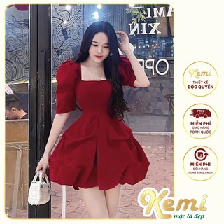 Váy đầm thiết kế nữ cổ vuông dáng xòe bồng sang chảnh chất Nhung Kemi cao cấp đi chơi, đi tiệc đều xinh